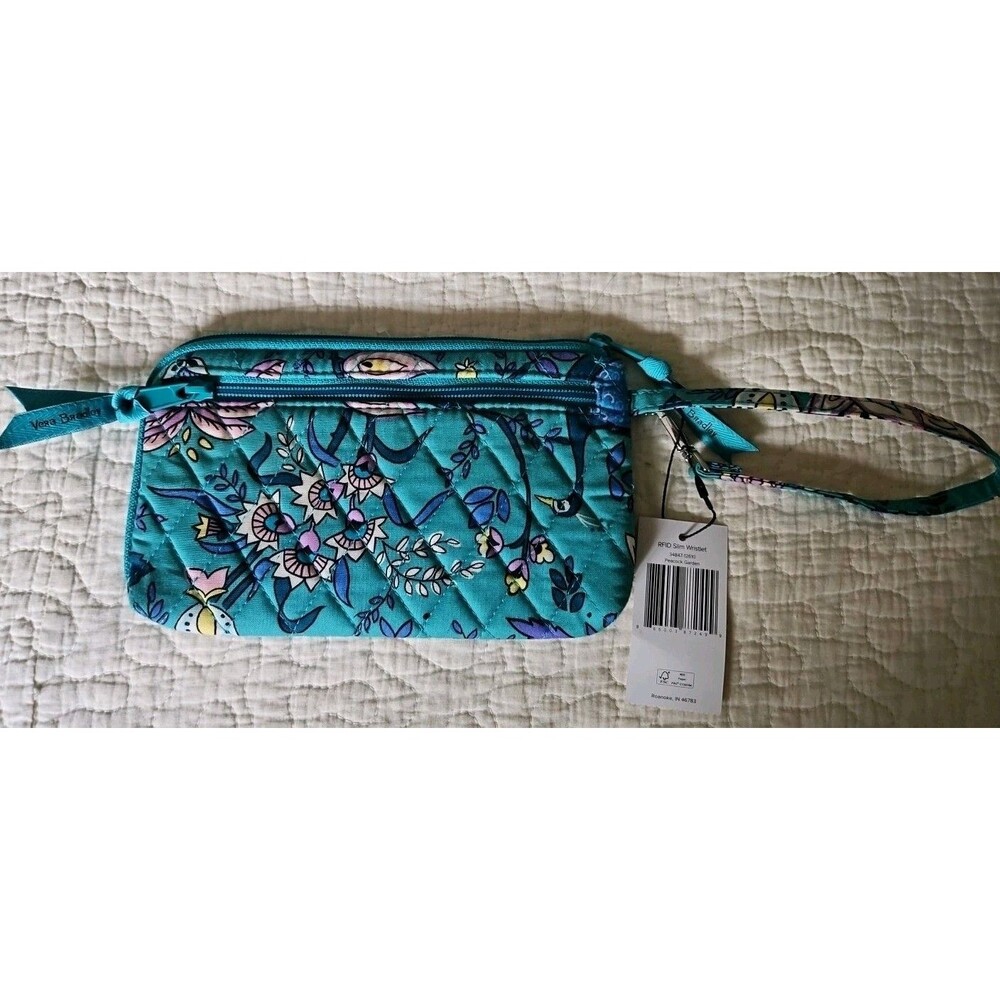Vera Bradley RFID Slim Wristlet in Cotton Peacock Garden NWT